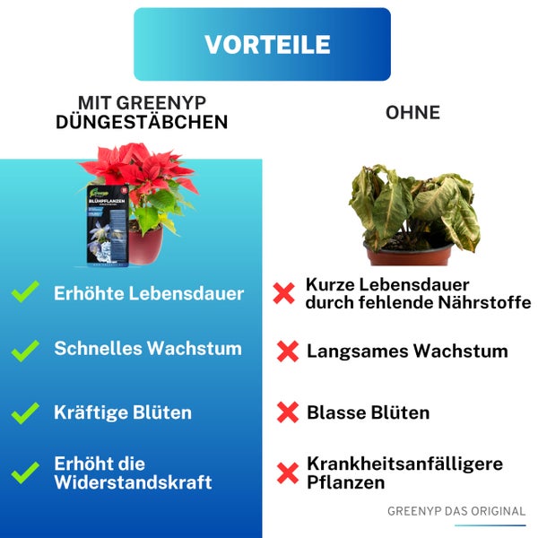 Greenyp 100x Blühpflanzen Düngestäbchen für alle Pflanzen mit Blüten I Universal NPK Blumendünger I Langzeitdünger mit Eisen und 3 Monate Düngekraft