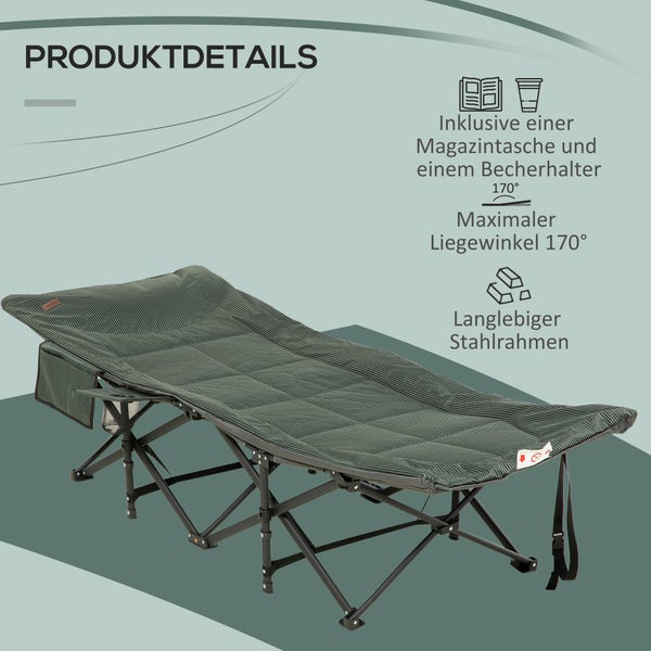 Outsunny Feldbett Campingbett, Campingliege mit Tasche, Klappbett mit Becherhalter, für Schwimmbad, Balkon, bis 120 kg, Grau, 68 x 186 x 48cm