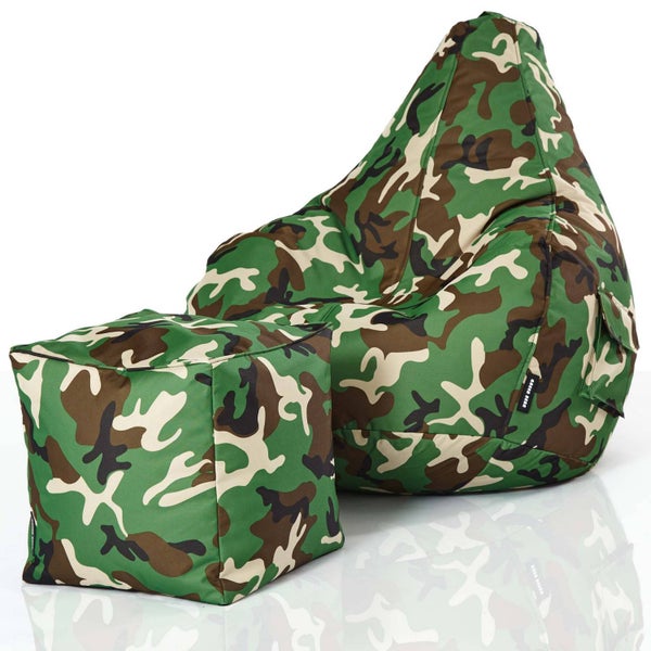 Green Bean 2er Set Sitzsack + Hocker - fertig befüllt - robust waschbar schmutzabweisend - Kinder & Erwachsene Bean Bag Bodenkissen Sitzhocker Relax-Sessel Gamer Gamingstuhl Pouf - Camouflage Grün