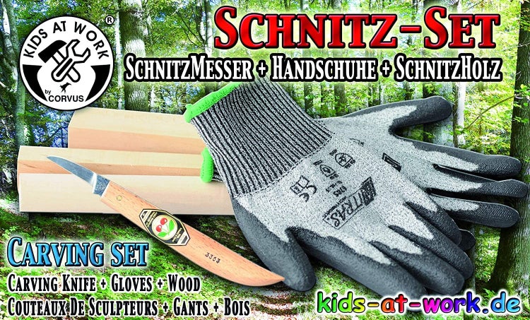 Corvus A600377 - Kids At Work, Schnitz-Set, Messer, Handschuhe, Holz