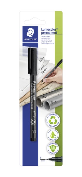 Staedtler Lumocolor permanent Universalstift F, circa 0,6 mm, nachfüllbar und trockenresistent, in Blisterverpackung.