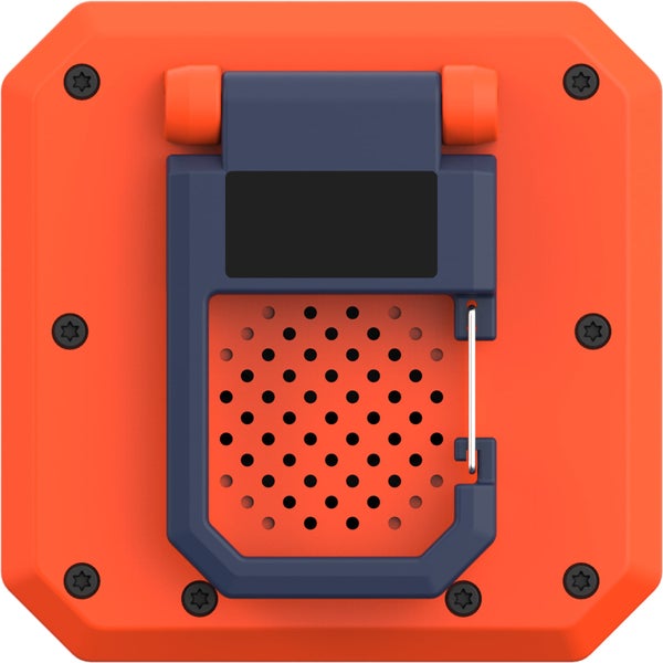 Nahaufnahme einer orangefarbenen Box mit blauer Halterung