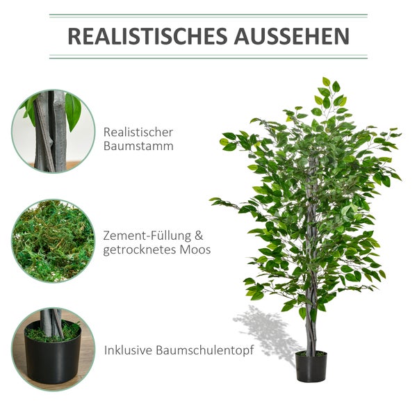 HOMCOM Künstlicher Ficusbaum groß 135 cm Kunstpflanze, Plastik Künstliche Pflanzen Ficus im Topf, Kunstbaum wie echt mit Zement, Kunstgras für Wohnzimmer Schlafzimmer Büro Garten