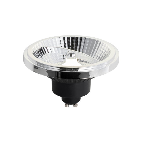 LED-Reflektorlampe mit GU10-Sockel, verchromtem Facettenreflektor und schwarzem Gehäuse.