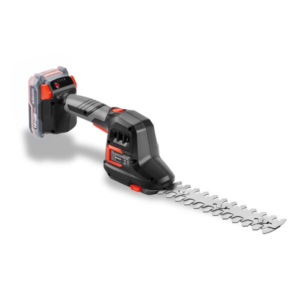 Akku-Strauchschere mit Metallmesser und ergonomischem Griff inklusive Akku.
