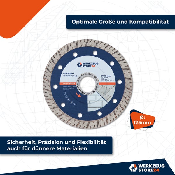 Feinsteinzeug Premium Trennscheibe mit 125 Millimeter Durchmesser.