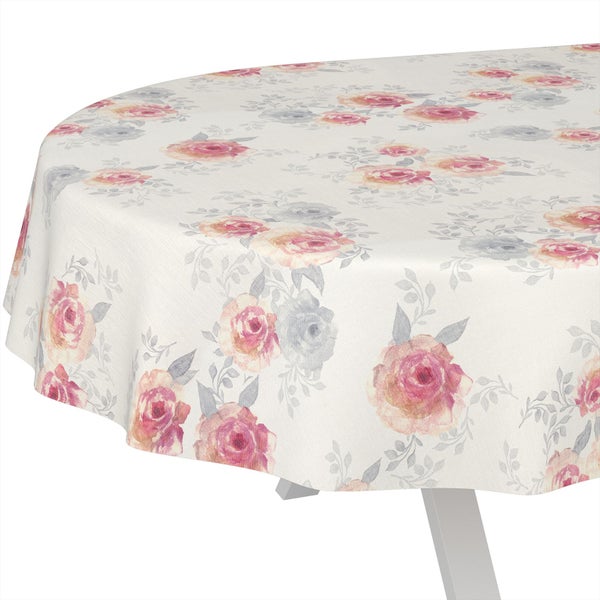 Runde Tischdecke mit floralem Rosenmuster.