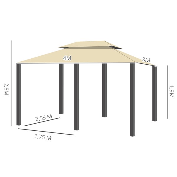 Outsunny Pavillon, 3x4m Gartenpavillon, L297 x W297 x H270 cm, Stahl, Polyester, Beige+Schwarz