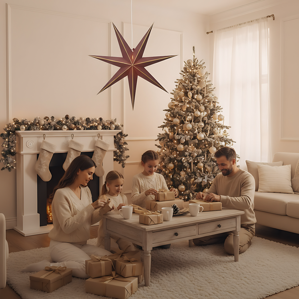 Familie packt Geschenke in einem dekorierten Wohnzimmer mit Weihnachtsbaum und Stern auf