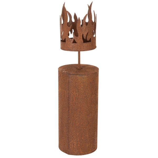Gartendeko-Säule aus Metall in Edelrost-Optik mit Flammenkrone.