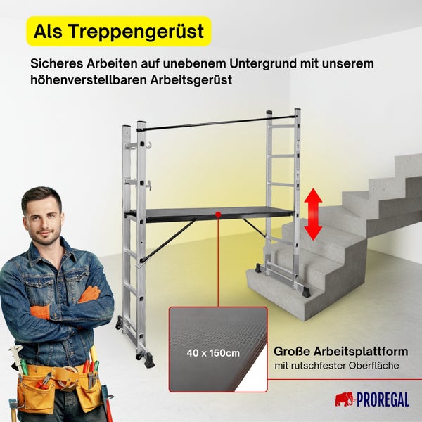 Höhenverstellbares Arbeitsgerüst aus Aluminium von ProRegal auf einer Treppe mit rutschfester Plattform 40 mal 150 Zentimeter. ProRegal Logo.