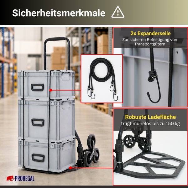 Sicherheitsmerkmale der Treppensteiger-Sackkarre: Zwei Expanderseile zur Ladungssicherung und robuste Ladefläche bis 150 Kilogramm. PROREGAL Logo.