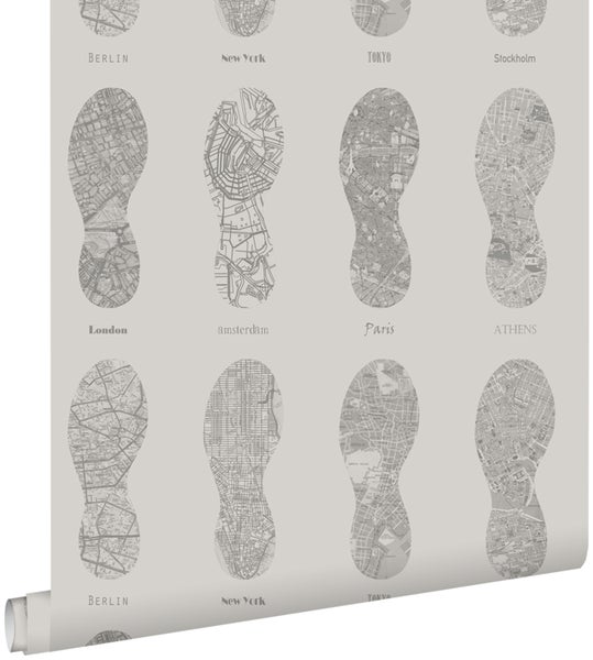 ESTAhome Tapete Stadtplan in Form von Laufschuhabdrücken Beigebraun - 53 cm x 10,05 m - 128819