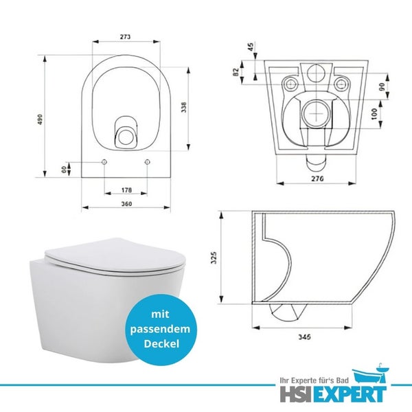 Technische Zeichnung eines Wand-WCs mit passendem Deckel und Maßangaben