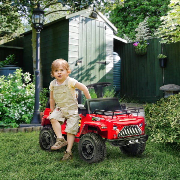 HOMCOM Elektro Kinderauto mit Musikanschluss, Stauraum, Scheinwerfer, Hupe, 3 km/h, für Kinder 3-5 Jahre, 82L x 48B x 56H cm, Kunststoff, Metall, Rot