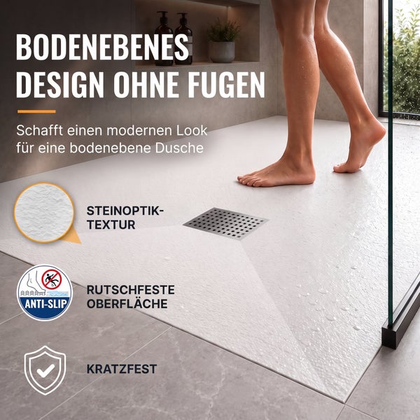 Bodenebene Duschwanne mit fugenlosem Design, Steinoptik, rutschfester Oberfläche und kratzfester Beschaffenheit für ein modernes Badezimmer.