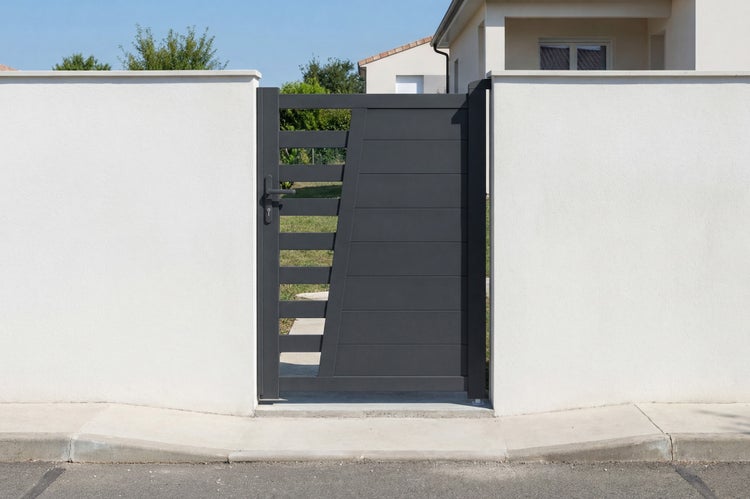 Modernes Gartentor aus Aluminium in Anthrazit mit horizontalen Lamellen und Sichtschutz, eingebaut in eine Mauer an einer Einfahrt.