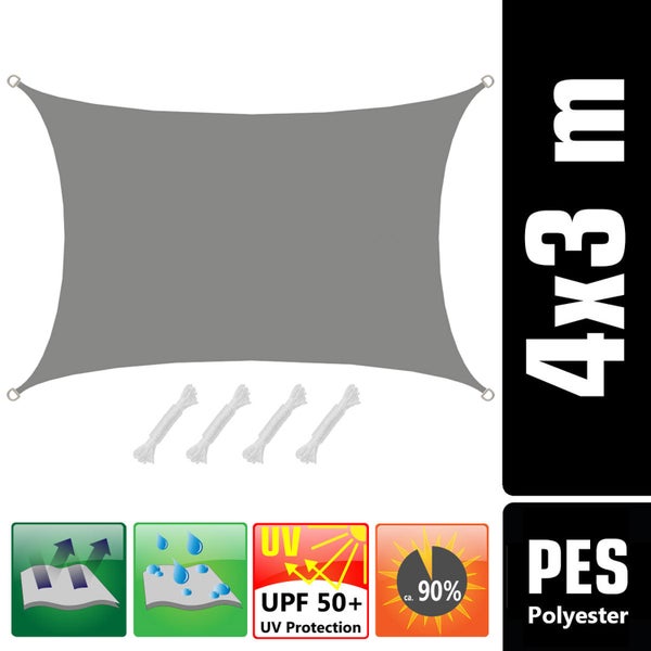 Polyestergewebe Eigenschaften: windundurchlässig, wasserabweisend, circa 90 Prozent Schatten, circa 98 Prozent UV-Schutz