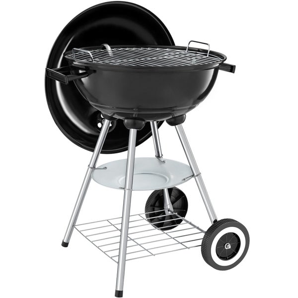 Holzkohle-Kugelgrill mit Rollen, Grillrost und abnehmbarem Deckel.