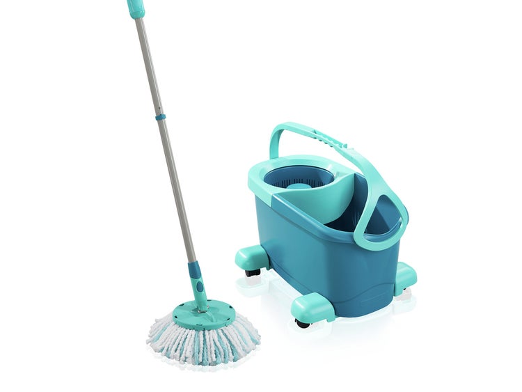 Leifheit Set Clean Twist Disc Mop Ergo 2.0 mit Rollwagen, Bodenwischer mit Mikrofaser Bezug für nebelfeuchte Reinigung auf Fliesen und Laminat, Wischmopp mit Click-System und Schleudertechnologie