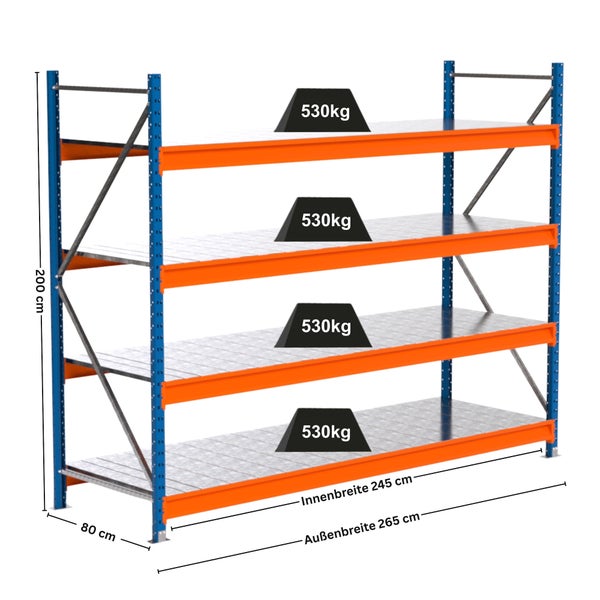 Lagerregal mit vier Ebenen und einer Traglast von 530 Kilogramm pro Ebene