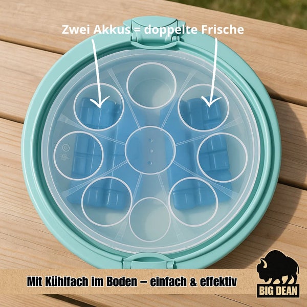 Dreiteiliges Balkon-Set aus Metall bestehend aus einem runden Klapptisch und zwei Klappstühlen in hellgrüner Farbe.