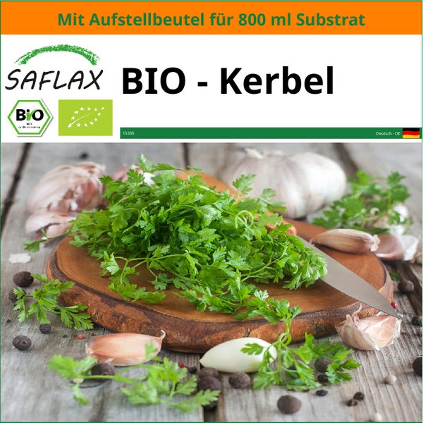 SAFLAX Garden in the bag - BIO - Kerbel - Anthriscus cerefolium - 800 Samen - Mit Anzuchtsubstrat im praktischen, selbst aufstellenden Beutel