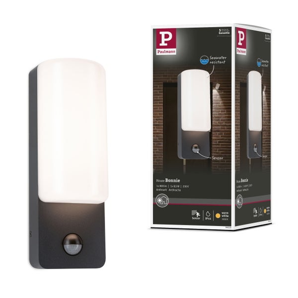 LED Außenwandleuchte Bonnie Dämmerungsgesteuerter Bewegungsmelder (IR) IP44 93x77mm 3000K 8,5W 560lm 230V Anthrazit Aluminium
