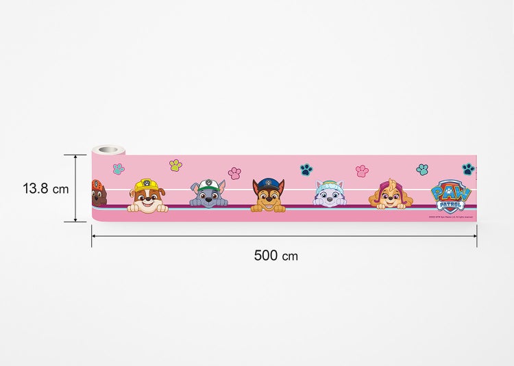 Rosa selbstklebende Tapetenborte Paw Patrol mit Motiven der Charaktere, 13,8 Zentimeter hoch und 500 Zentimeter lang.