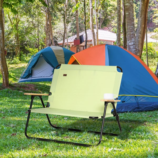 Outsunny Campingstuhl 2-Sitzer klappbar tragbar Gartenstuhl Regiestuhl Klappstuhl mit Getränkehalter für Outdoor Picknick Wandern max. Belastung 160 kg Hellgrün 114 x 67 x 80 cm