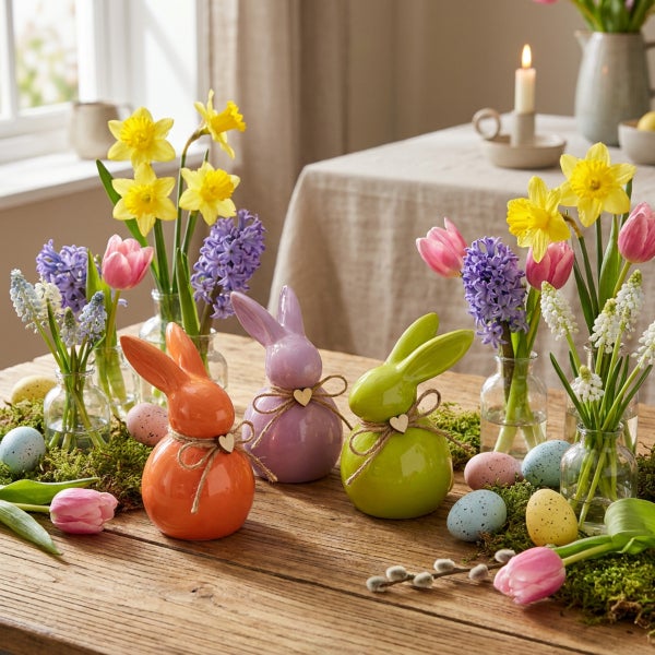 Osterdekoration mit drei glasierten Keramik-Osterhasen, umgeben von Frühlingsblumen wie Narzissen und Tulpen sowie bunt gesprenkelten Ostereiern.