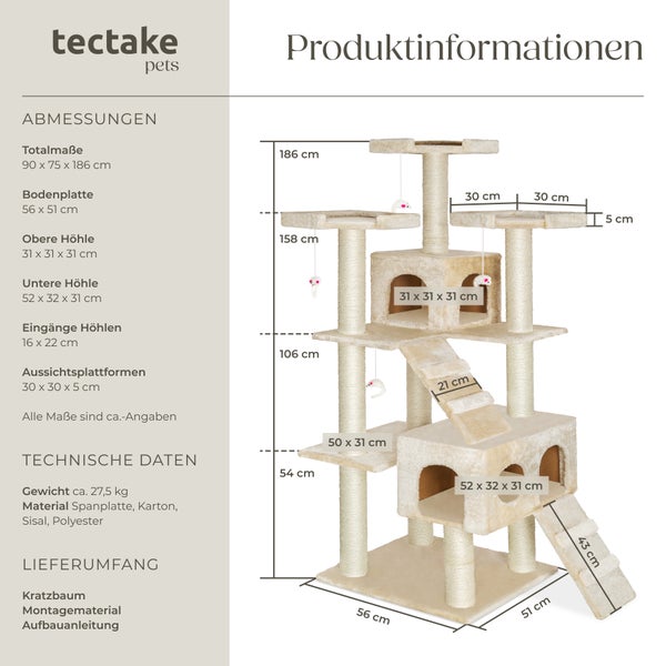 Kratzbaum tectake Knuti inklusive 2 Treppen, 4 Spielmäusen und Kippschutz 186 cm beige