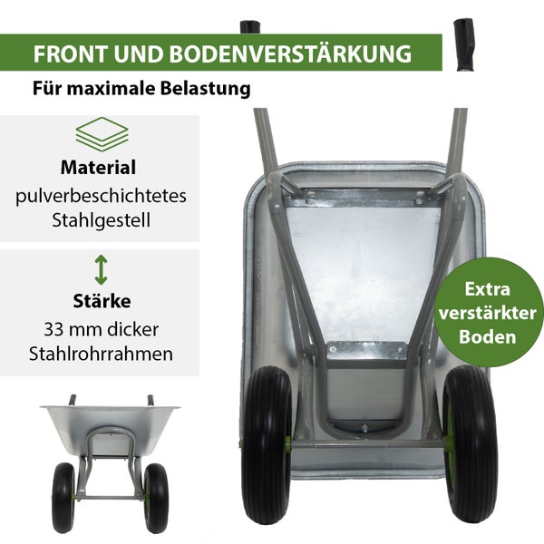 Schubkarre mit pulverbeschichtetem Stahlgestell, 33 Millimeter dickem Stahlrohrrahmen und extra verstärktem Boden für maximale Belastung.