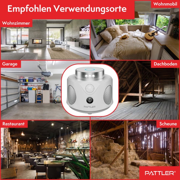 PATTLER® - 360° Ultraschall Mäuseabwehr - Effektiv Mäuse vertreiben mit Ultraschallwellen - optimiert für die Abwehr von Mäusen und Ratten