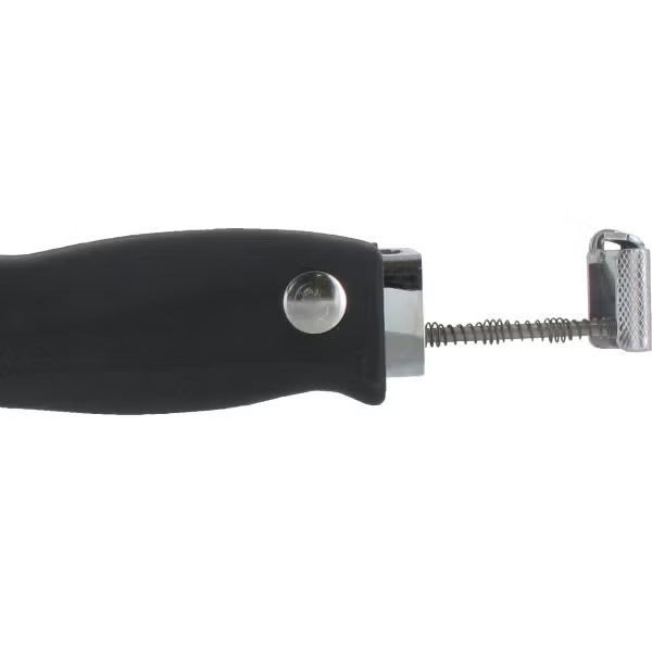 Nahaufnahme eines Glasschneiders mit schwarzem Griff, Federmechanismus und kleinem Metall-Schneidrädchen.
