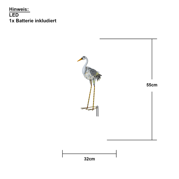 Dekorative Reiherfigur mit LED-Beleuchtung, circa 55 cm hoch und 32 cm breit, inklusive Batterie