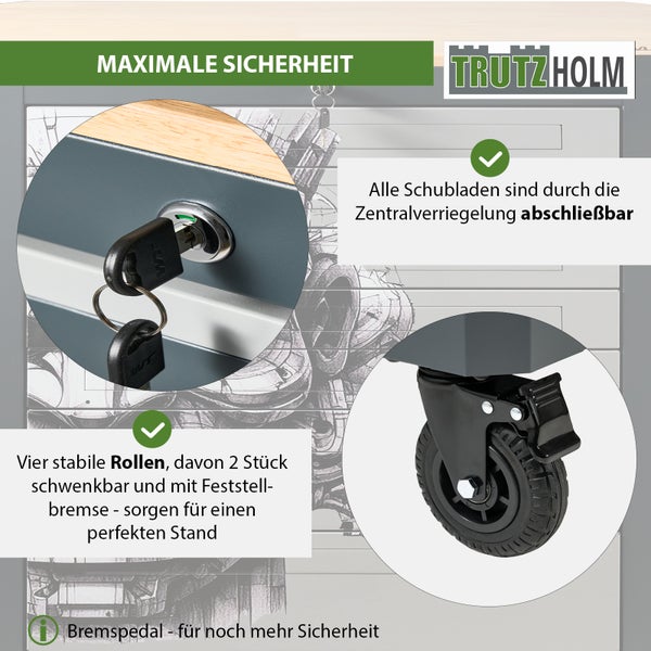 Infografik der Trutzholm Werkbank mit Zentralverriegelung und feststellbaren Lenkrollen für maximale Sicherheit.