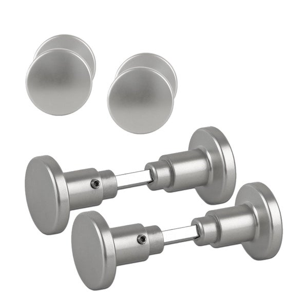 Set aus zwei Türknöpfen aus Metall mit runden Rosetten und Vierkantstift zur Montage an Zimmertüren.