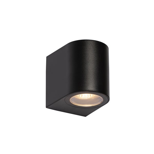 Moderne, zylinderförmige Wandleuchte in Schwarz mit nach unten gerichtetem Lichtstrahl.