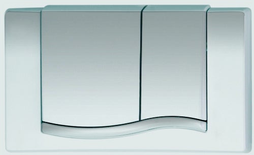 Betätigungsplatte für die Toilettenspülung mit Zwei-Mengen-Spültechnik in Chrom-Optik.