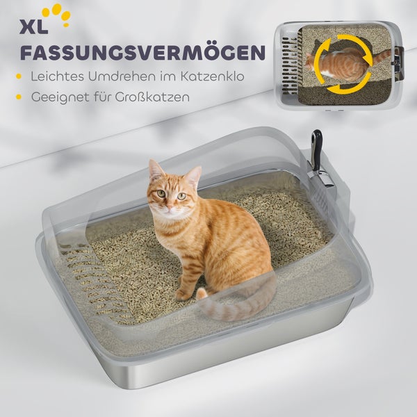 XL Katzenklo mit hohem Spritzschutz und Schaufel, geräumiges Design für große Katzen, erleichtert das Umdrehen im Inneren.