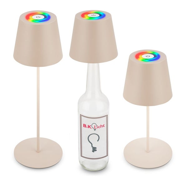 Beige B.K.Licht Tischlampen und Flaschenaufsatz mit bunten Touch-Sensoren oben.