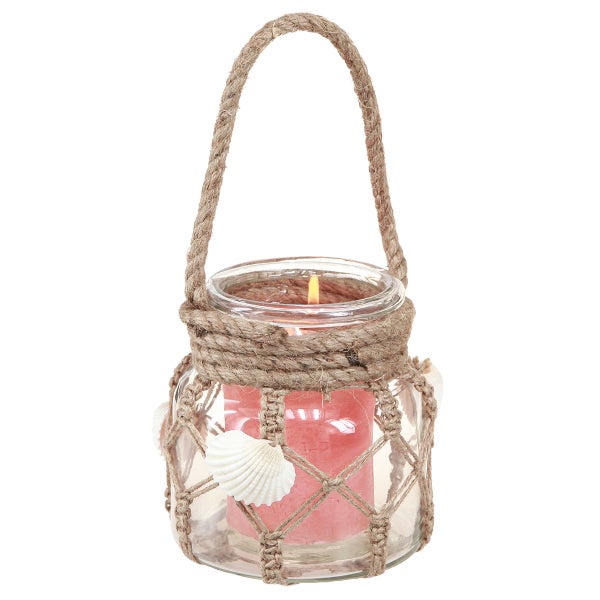 Dekorative Kerze im Glas mit Seilgriffen und Muscheln
