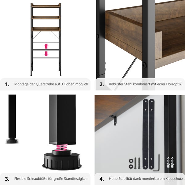 Regal-Details: höhenverstellbare Querstrebe, Stahlgestell mit Holzelementen, verstellbare Schraubfüße zur Stabilisierung und Wand-Kippschutzset.