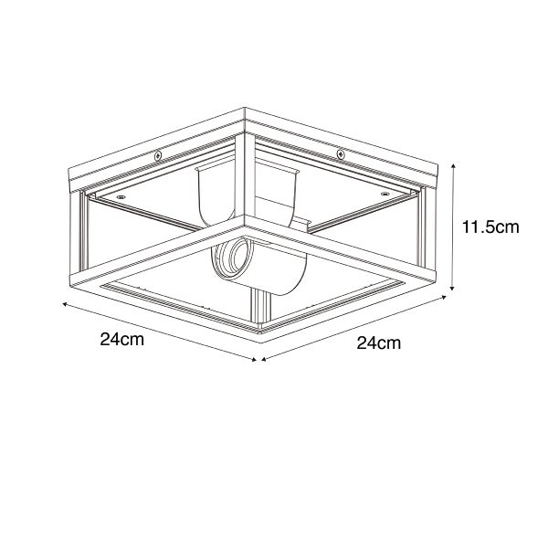 Technische Zeichnung einer quadratischen Deckenleuchte mit einer Breite von 24 Zentimetern, Länge 24 Zentimetern und Höhe von 11,5 Zentimetern.