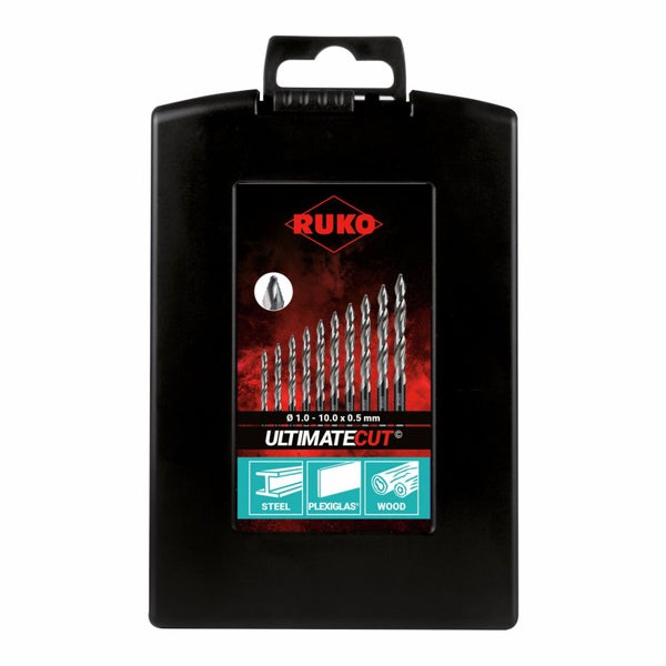 Ruko UltimateCut Spiralbohrer-Set in schwarzer Kunststoffbox, Durchmesser 1,0 bis 10,0 Millimeter, geeignet für Stahl, Plexiglas und Holz.