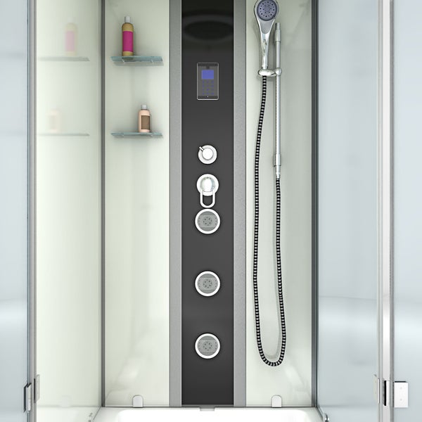 Innenansicht einer modernen Duschkabine mit schwarzem Duschpaneel, Digitalanzeige, drei Massagedüsen, einer Handbrause und Glasregalen.