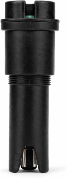 Schwarze Sensorsonde aus Kunststoff mit Gewinde und Metallstiften für Wasseranalysegeräte.