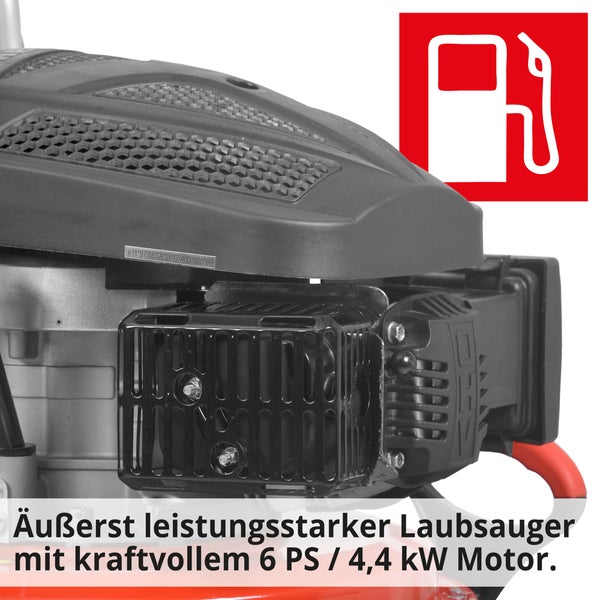 Detailaufnahme des Motors eines Laubsaugers mit Kraftstoff-Symbol