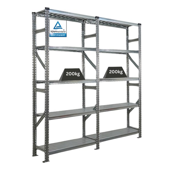 Metallregal mit mehreren Ebenen und TÜV Rheinland Zertifizierung.